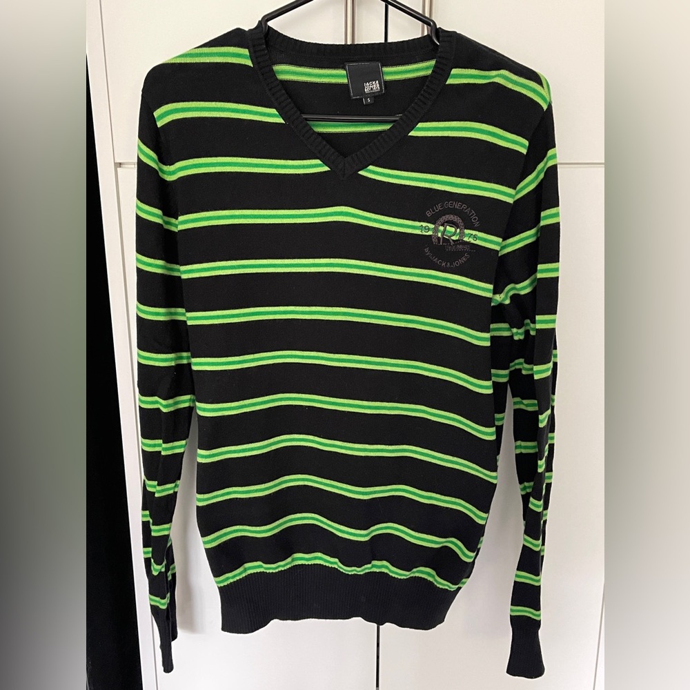 Men’s Jack and Jones Cotton Pullover Sweater Green & Black Stripes Size Small S
